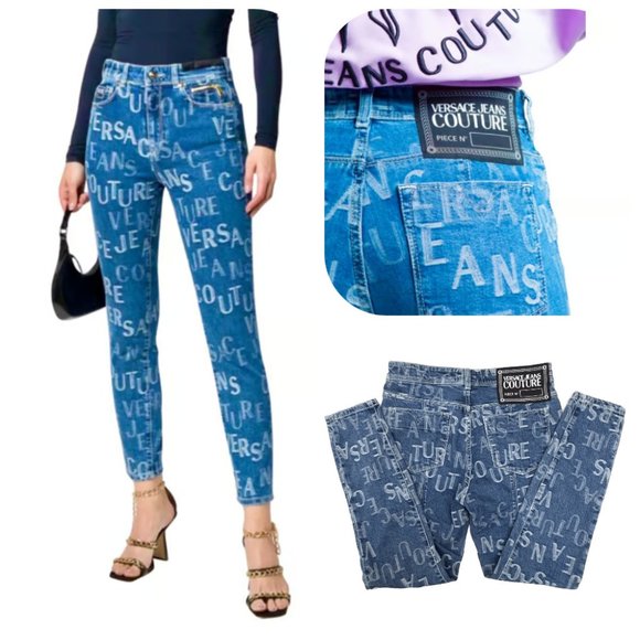 NWT $525 Authentic Versace Couture allover logo stretchy cotton jeans 27 - Picture 6 of 17